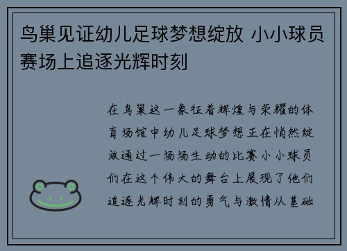 鸟巢见证幼儿足球梦想绽放 小小球员赛场上追逐光辉时刻