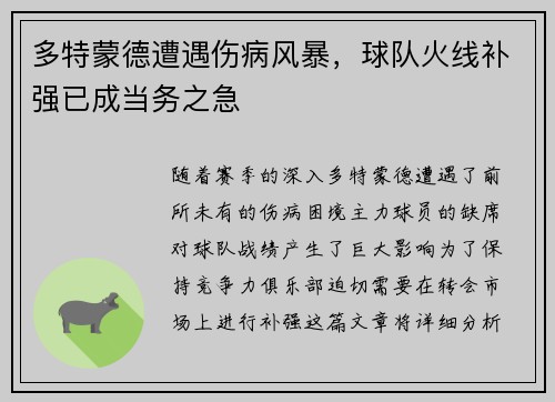 多特蒙德遭遇伤病风暴，球队火线补强已成当务之急