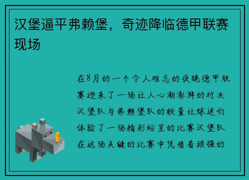 汉堡逼平弗赖堡，奇迹降临德甲联赛现场