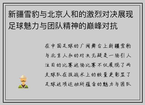 新疆雪豹与北京人和的激烈对决展现足球魅力与团队精神的巅峰对抗