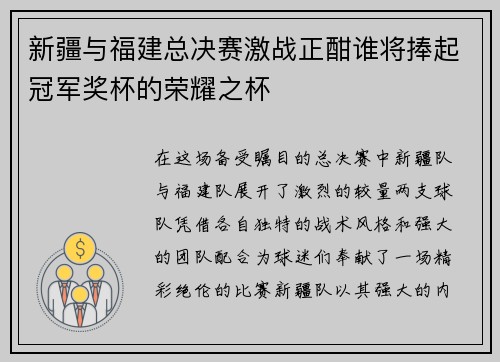 新疆与福建总决赛激战正酣谁将捧起冠军奖杯的荣耀之杯
