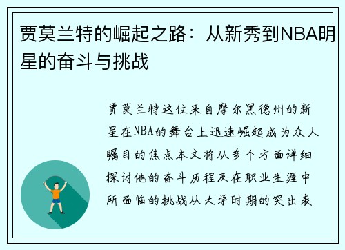 贾莫兰特的崛起之路：从新秀到NBA明星的奋斗与挑战