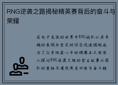 RNG逆袭之路揭秘精英赛背后的奋斗与荣耀
