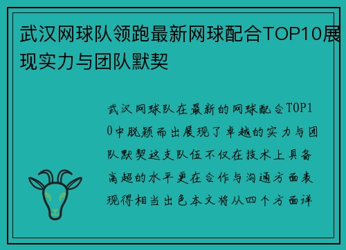 武汉网球队领跑最新网球配合TOP10展现实力与团队默契