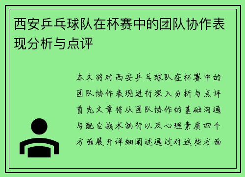 西安乒乓球队在杯赛中的团队协作表现分析与点评